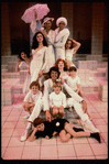 Director/choreographer/actor Tommy Tune (C) surrounded by cast members, incl. actresses (Top L-R) Taina Elg & Liliane Montevecchi, Shelly Burch (Middle 2L) & Anita Morris (Seated) on the set of his Broadway musical "Nine" (New York)