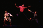 Director George C. Wolfe (C) with actors Savion Glover (L) and Gregory Hines (R) on the set of the Broadway musical "Jelly's Last Jam" (New York)