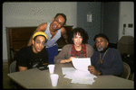 (L-R) Actor/dancer Gregory Hines, director George C. Wolfe, lyricist Susan Birkenhead and orchestrator Luther Henderson in rehearsal for the Broadway musical "Jelly's Last Jam" (New York)