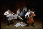 Publicity photo of (L-R) violinist Lynn Chang, pianist Roger Kellaway & cellist Yo-Yo Ma (New York)