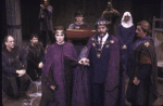 Actors (3L-R) Melinda Mullins, Raul Julia & Larry Bryggman in a scene fr. the New York Shakespeare Festival production of the play "Macbeth" (New York)