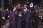 Actors (3L-R) Melinda Mullins, Raul Julia & Larry Bryggman in a scene fr. the New York Shakespeare Festival production of the play "Macbeth" (New York)