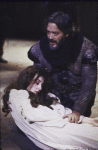 Actors Melinda Mullins & Raul Julia in a scene fr. the New York Shakespeare Festival production of the play "Macbeth" (New York)