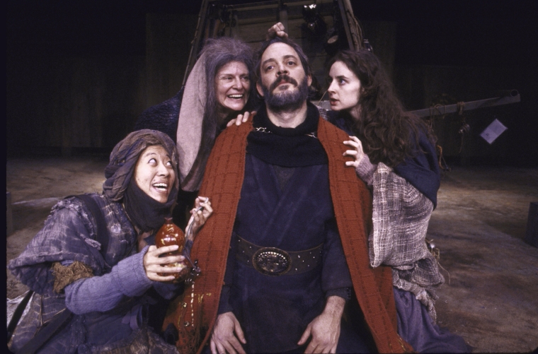 Actors (L-R) Jeanne Sakata, Mary Louise Wilson, Raul Julia & Katherine Hiler in a scene fr. the New York Shakespeare Festival production of the play "Macbeth" (New York)