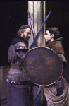 Actors (L-R) Raul Julia & William Converse-Roberts in a scene fr. the New York Shakespeare Festival production of the play "Macbeth" (New York)