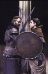 Actors (L-R) Raul Julia & William Converse-Roberts in a scene fr. the New York Shakespeare Festival production of the play "Macbeth" (New York)