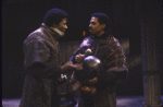 Actors (L-R) Reg E. Cathey & Peter Jay Fernandez in a scene fr. the New York Shakespeare Festival production of the play "Macbeth" (New York)