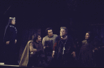 Actors (L-R) Eileen Herlie, Michael Durrell, Stephen D. Newman, Rex Harrison & George Taylor in a scene fr. the Broadway play "Emperor Henry IV." (New York)