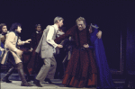 Actors (C-R) James Donald (who left the production prior to opening), Rex Harrison & Linda de Coff w. cast in a scene fr. the Broadway play "Emperor Henry IV." (New York)