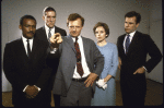 Actors (L-R) Daniel Whitner, Nicholas Wyman, Christopher Curry, Beth McDonald and Will Jeffries in a publicity shot for the Off-Broadway play "Kennedy At Colonus." (New York)