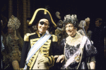 Actor (fr., R) Dennis King, in cross-dressing, w. cast members in a scene fr. the Broadway play "A Patriot For Me." (New York)