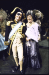 Actor (fr., R) Dennis King, in cross-dressing, w. cast members in a scene fr. the Broadway play "A Patriot For Me." (New York)