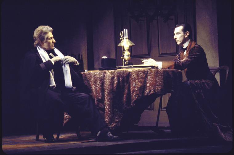 Actors (L-R) Clive Revill and John Wood in a scene from the Broadway play "Sherlock Holmes." (New York)
