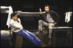 Actors (L-R) Mark Metcalf and John Savage in a scene from the Roundabout Theatre's production of the play "Of Mice And Men." (New York)