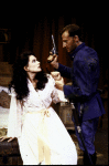 Actors Daniel Gerroll & Roma Downey in a scene fr. the Roundabout Theatre's production of the play "Arms And The Man." (New York)