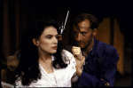 Actors Daniel Gerroll & Roma Downey in a scene fr. the Roundabout Theatre's production of the play "Arms And The Man." (New York)