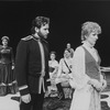 (L-R) Actors Louis Zorich, Dimitra Arliss, Kevin Kline, Caitlin Clarke, Raul Julia, George Morfogen and Glenne Headly in a scene from the Circle in the Square production of the play "Arms and the Man"