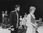 (L-R) Actors Louis Zorich, Dimitra Arliss, Kevin Kline, Caitlin Clarke, Raul Julia, George Morfogen and Glenne Headly in a scene from the Circle in the Square production of the play "Arms and the Man"