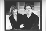 Actors Raul Julia and Karen Akers in a scene from the Broadway production of the musical "Nine".