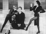 (L-R) Actors Laura Kenyon, Cameron Johann, Raul Julia and Liliane Montevecchi in a scene from the Broadway production of the musical "Nine.".