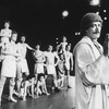 Actor Raul Julia (R) in a scene from the NY Shakespeare Festival Central Park production of the play "The Tempest"