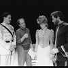 Director John Malkovich (2L) working with actors (R-L) Kevin Kline, Glenne Headly and Raul Julia during a rehearsal of the Circle in the Square production of the play "Arms and the Man"