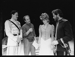 Director John Malkovich (2L) working with actors (R-L) Kevin Kline, Glenne Headly and Raul Julia during a rehearsal of the Circle in the Square production of the play "Arms and the Man"