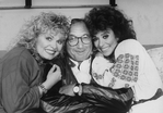 Playwright Neil Simon (C) flanked by actresses Sally Struthers (L) and Rita Moreno during a break in rehearsal for the Broadway production of the female version of his play "The Odd Couple"