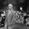 Director Peter Brook (C) with the cast on the set of his production of the Indian legend "The Mahabharata" which was performed at BAM.