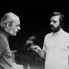 (L-R) Director Harold Prince and composer Stephen Sondheim discussing a point during a rehearsal of the Broadway production of the musical "Pacific Overtures."