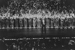 Director/choreographer Michael Bennett (C), flanked by dancers from all companies, greeting the invited audience at performance #3,389 of the Broadway production of the musical "A Chorus Line," making it the longest running show in Broadway history.