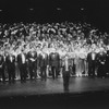 Director/choreographer Michael Bennett (C), flanked by creative staff and dancers from all companies, greeting the invited audience at performance #3,389 of the Broadway production of the musical "A Chorus Line," making it the longest running show inBroadway history.