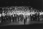 Director/choreographer Michael Bennett (C), flanked by creative staff and dancers from all companies, greeting the invited audience at performance #3,389 of the Broadway production of the musical "A Chorus Line," making it the longest running show inBroadway history.