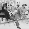 Director/choreographer Michael Bennett (L) watching a rehearsal for gala performance #3,389 of the Broadway musical "A Chorus Line," making it Broadway's longest running show.