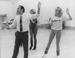 Director/choreographer Michael Bennett reviewing a dance during a rehearsal for gala performance #3,389 of the Broadway musical "A Chorus Line," making it Broadway's longest running show.