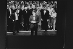 (L-R) Playwright James Kirkwood, choreographer- director Michael Bennett, playwright Nicholas Dante, lyricist Edward Kleban, composer Marvin Hamlisch and producer Joe Papp (3R) at the 3,389th performance of Broadway's longest running musical "A Chorus Line"