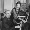 Composer Richard Rodgers playing piano with actress Liv Ullmann standing over him; she will play the lead in the Broadway production of the musical "I Remember Mama.".