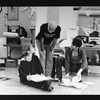 Director-choreographer Jerome Robbins (C) speaking with two dancers at a rehearsal of the Broadway production of the musical "Jerome Robbins' Broadway.".