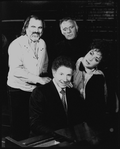 (L-R) Director Milton Katselas, producer Zev Bufman and actors Richard Burton and Elizabeth Taylor taking a break in rehearsing the Broadway revival of the play "Private Lives.".