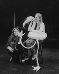 (L-R) Composer Elizabeth Swados and actress Meryl Streep holding a stuffed flamingo on the set of the NY Shakespeare Festival production of the musical "Alice"