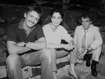 (L-R) Fight choreographer B.H. Barry, actress Diane Venora and producer Joseph Papp sitting amidst rubble during the renovation of the Anspacher Theatre at Papp's NY Shakespeare Festival.