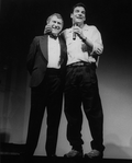 (L-R) Producer Joseph Papp with singer Mandy Patinkin after he performed his show at Papp's NY Shakespeare Festival.