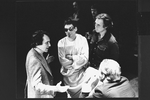 (L-R) Producer Joseph Papp, actor Ron Leibman, playwright John Guare and actor William Atherton conferring during a rehearsal of the NY Shakespeare Festival production of the play "Rich And Famous"