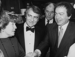 Producer Joseph Papp (2L) flanked by performers Anne Jackson, Bob Dishy and Jackie Mason at the opening night party for the NY Shakespeare Festival production of the play "Cafe Crown".