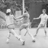 Fight choreographer B.H. Barry (R) working with two actors onstage at the Delacorte theatre in Central Park for a NY Shakespeare Festival production.