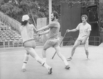 Fight choreographer B.H. Barry (R) working with two actors onstage at the Delacorte theatre in Central Park for a NY Shakespeare Festival production.