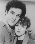 Actors Bernadette Peters and Mandy Patinkin hugging during a rehearsal for the Broadway production of the musical "Sunday In The Park With George".