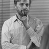Composer Stephen Sondheim with his hand on his chin during auditions for the Broadway production of the musical "Merrily We Roll Along".