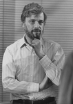 Composer Stephen Sondheim with his hand on his chin during auditions for the Broadway production of the musical "Merrily We Roll Along".