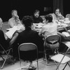 Composer Stephen Sondheim (C) having a meeting around a table with director Harold Prince (2L), choreographer Patricia Birch (3R) and musical director Paul Gemignani (2R) for the Broadway production of the musical "Pacific Overtures"